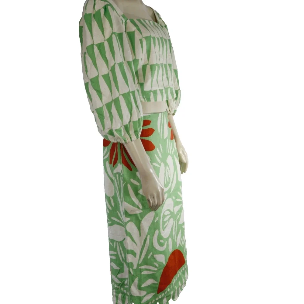 Maison D'Amelie 2pc Matching Set Green Abstract Print Crop Top & Midi Skirt Sz S
